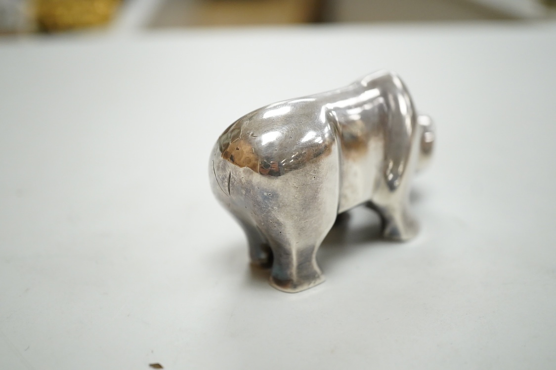 A stylised white metal(stamped 925) miniature model of a bear, length 85mm, height 42mm, 18oz.